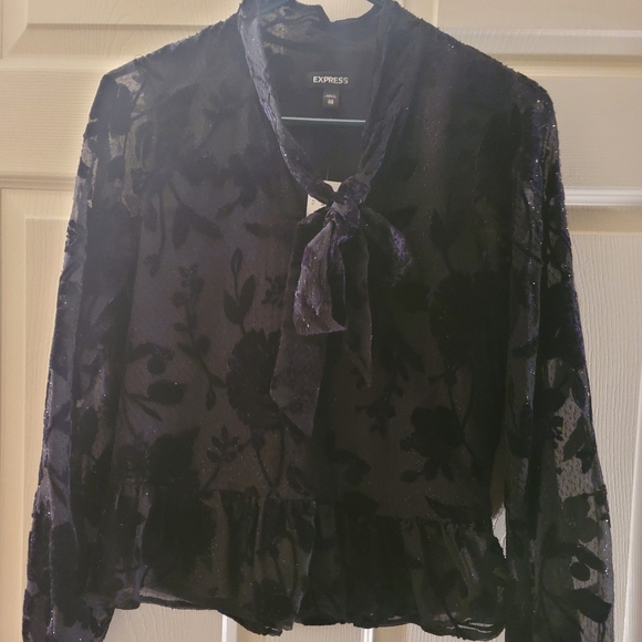 BRAND NEW,  Express XXS black floral long sleeve blouse - Picture 1 of 6